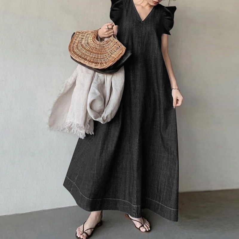 ワンピース ロングワンピース デニムワンピース 袖フリル Vネック デニム かわいい 大人可愛い きれいめ シンプル 上品 おしゃれ かっこいい カジュアル こなれ感 個性的 主役級 存在感 抜け感