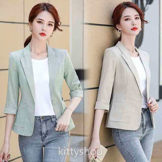 【2枚購入で100円OFF】ベージュ ジャケット レディース 夏 7分袖 テーラードジャケット ブラック 通勤 OL オフィス サマージャケット 30代 40代 ライトグリーン