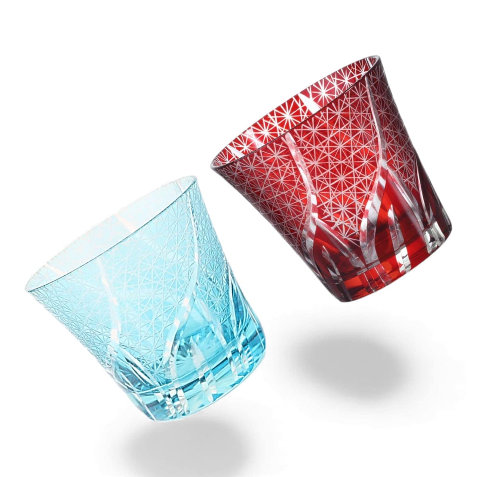 匠美風 ディナー ラグゼ 切子 ペア グラス カップ Φ94xH85mm 240cc 乱彫小紋 アクア & レッド 底彫あり 煌雅 PNO.331671