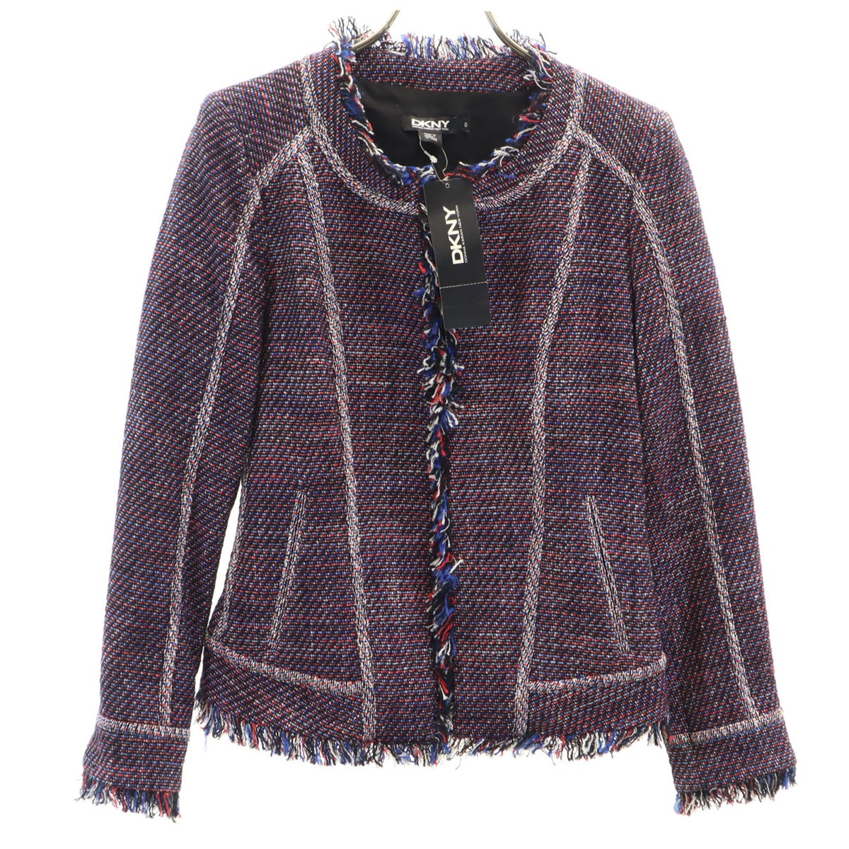 未使用 DKNY ディーケーエヌワ ダナキャランニューヨーク ツイード ノーカラージャケット マルチ レディース 古着