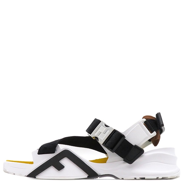 フェンディ FENDI サンダル FENDI FLOW クロスバンド ラバー ジャガード イエローXホワイトXブラック シルバー金具 黄 白 黒 【箱】【中古】