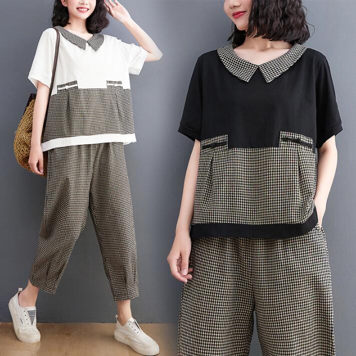 2点セット　セットアップ　リネン　綿麻混　Tシャツ　パンツ　トップス　ボトムス　サルエルパンツ　半袖　ウエストゴム　レディース　チェック　楽チン　大きいサイズ　夏　L　2L　3L 5,568円