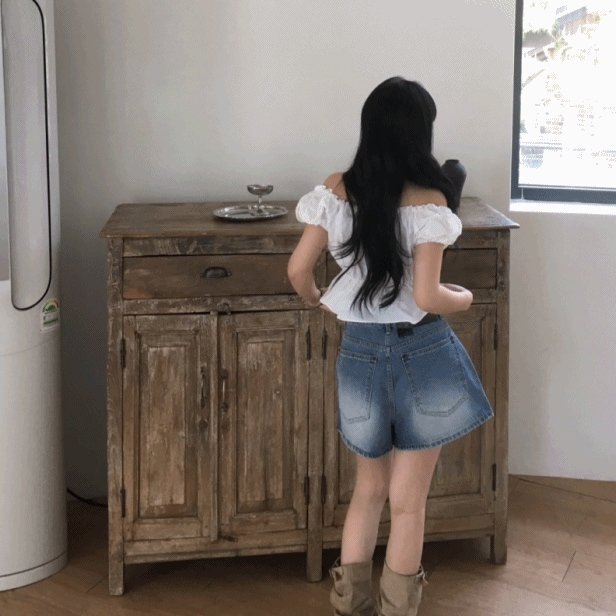 [4分丈/ぜい肉セット] デニム aライン ショート 4分丈 パンツ