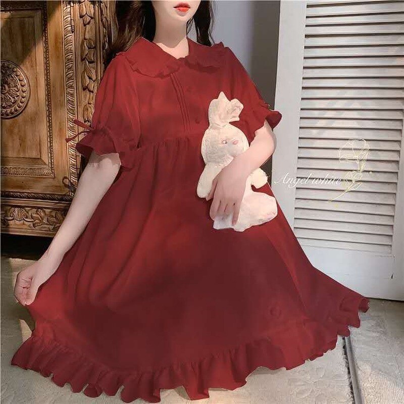 【3日で出荷】ソフトガールロリータドレスカワイイピーターパンカラーかわいいフリルパフスリーブブラックピンクレッドド