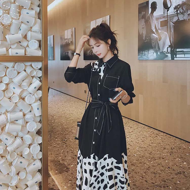 シャツワンピースロング丈ワンピースロングワンピースレディース長袖通勤OLウエストリボンゆったり体型カバー着痩せおしゃれ春秋ダルメシアン切り替え203040SMLXL2XL