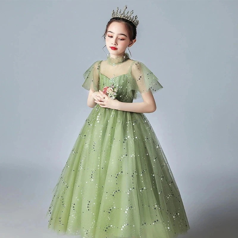 ドレス キッズ グリーン ピアノ発表会ドレス ロングドレス 演奏会ドレス 女の子 白 立ち襟 パール ウエスト花柄 おしゃれ 女児ドレス 七五三ドレス ホワイト かわいい キッズドレス ロング 100