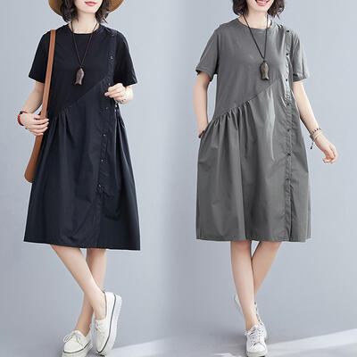 涼しいピ 体型カバー 大きいサイズ ワンピ 半袖 ワンピース ブラック ひざ丈 ボタン ドレス 20代 夏 カジュアル おしゃれ グレー 黒 い レディース