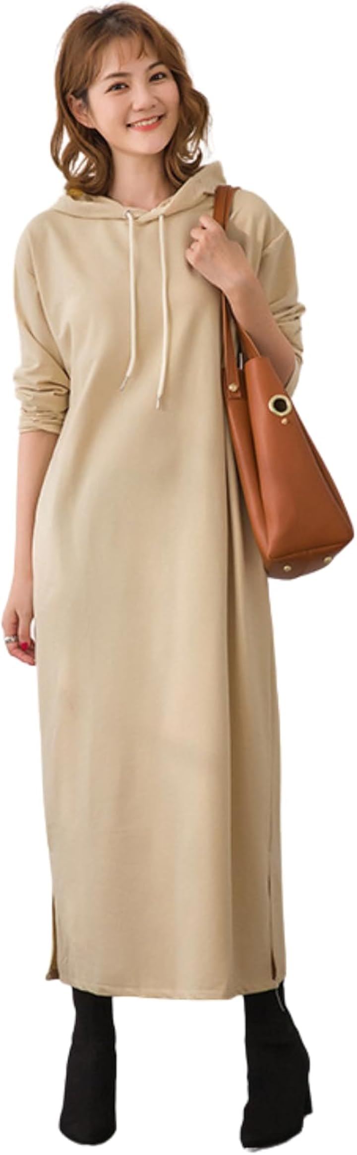 パーカー ワンピース ロング レディース パーカーワンピース フード付き 長袖 トレーナーパーカー スウェット フーディー プルオーバー オシャレ トップス 帽子付き(ホワイト, M)