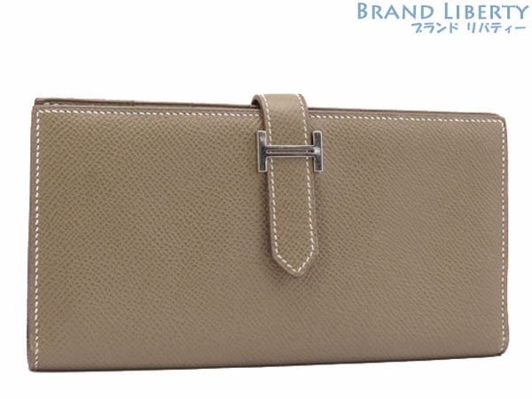 美品エルメスベアンスフレ二つ折り長財布マチ有りエトゥープベージュシルバー金具ヴォーエプソン