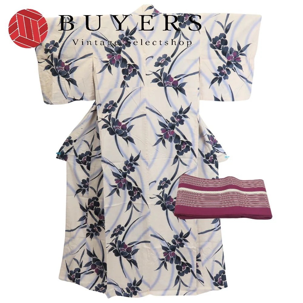 中古 浴衣 セット 帯 綿 ベージュ パープル 変わり生地 和装 呉服 和服 きもの レディース 女性