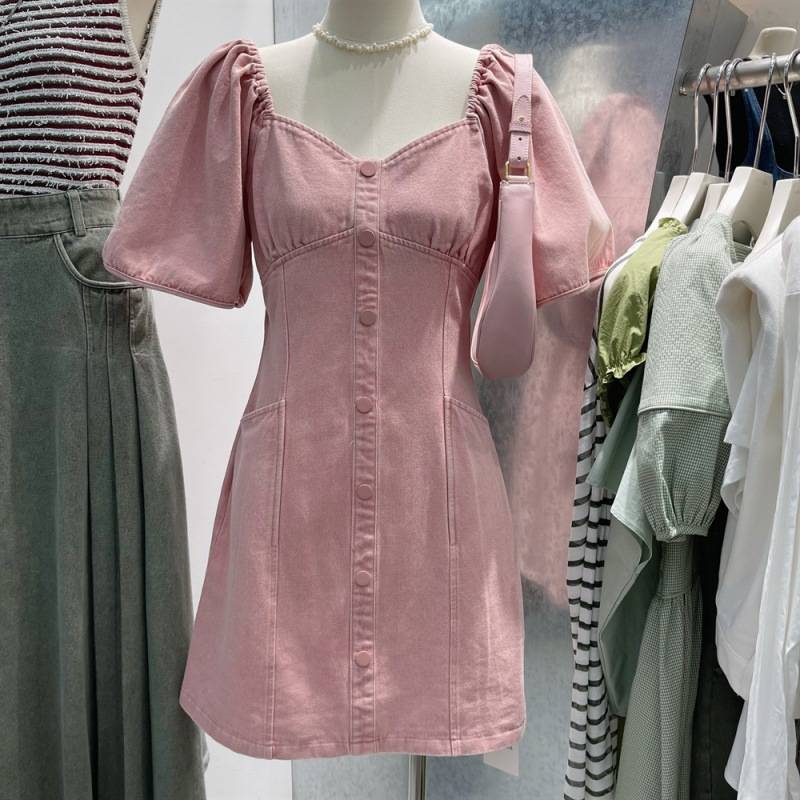2026韓国スタイル 気質 ピンク デニムスカート 女性 ニッチパフスリーブ aライン ドレス