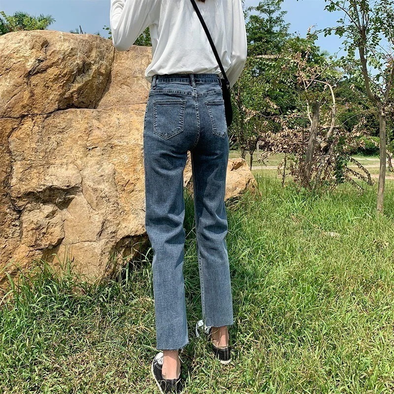 ジーンズ女性新しいルーズワイド百9点ハイウエスト細いストレlートパンツ