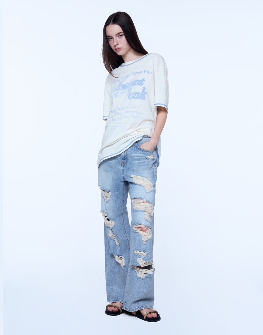 DAMAGE WIDE DENIM PANTS - LIGHT BLUE