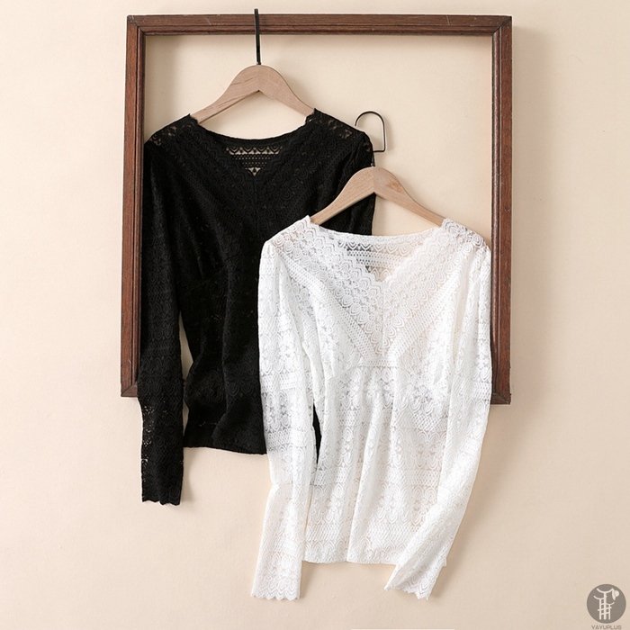 レース トップス ブラウス 宅配便送料無料 長袖 総レース シースルー 花柄 Vネック 韓国 シャツ レディース フ