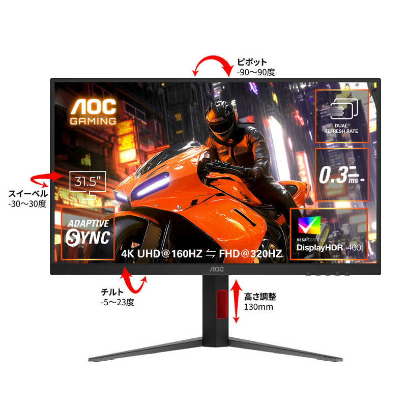 AOC　Fast IPS/320/0.3ms/P対 [ 31.5型 / 4K(3840×2160) / ワイド ]　U32G4/11 65,273円