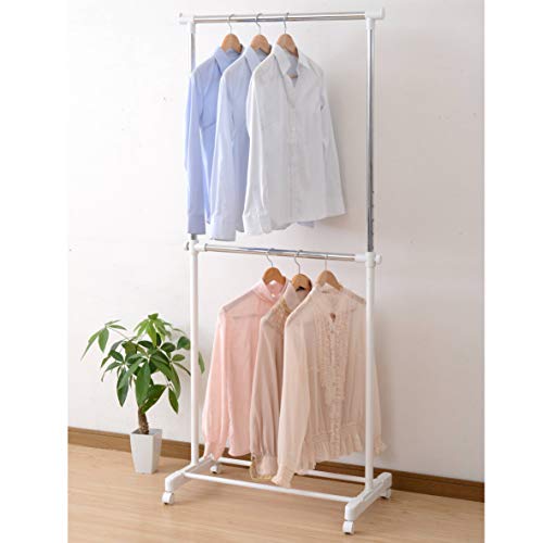 山善 ハンガーラック 幅79.5×奥行42.5×高さ105-183cm 2段 キャスター付き たっぷり収納 組立品 オフホワイト BH-2SR(OW)