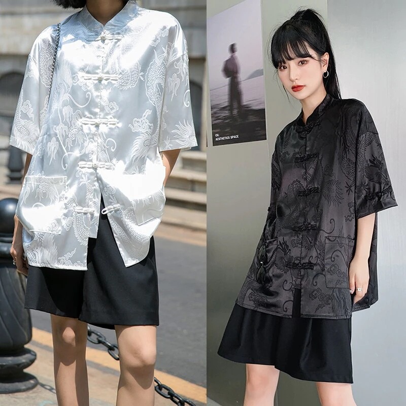 チャイナ風シャツ レディース ブラウス 半袖 龍紋 シャツ 黒　白 かっこいい ゆったり 着痩せ
