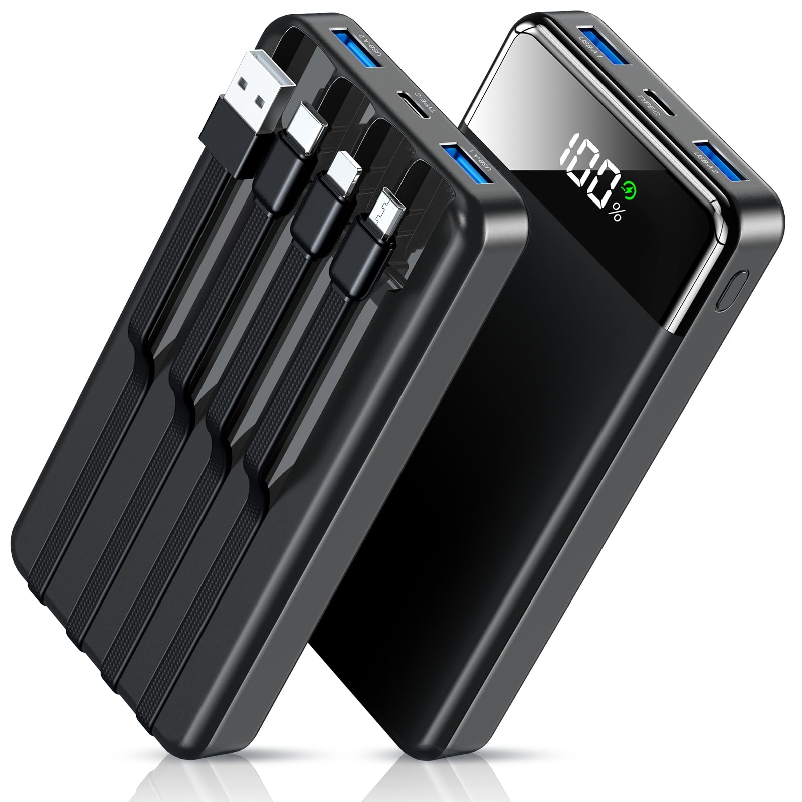 Ciunedr【4つのケーブル内蔵・56800mAh大容量】モバイルバッテリー 急速充電 5台同時充電 PSE技術基準適合品 LCDディスプレイ残量表示 Type-C入力ポート+2USB-A出力ポート