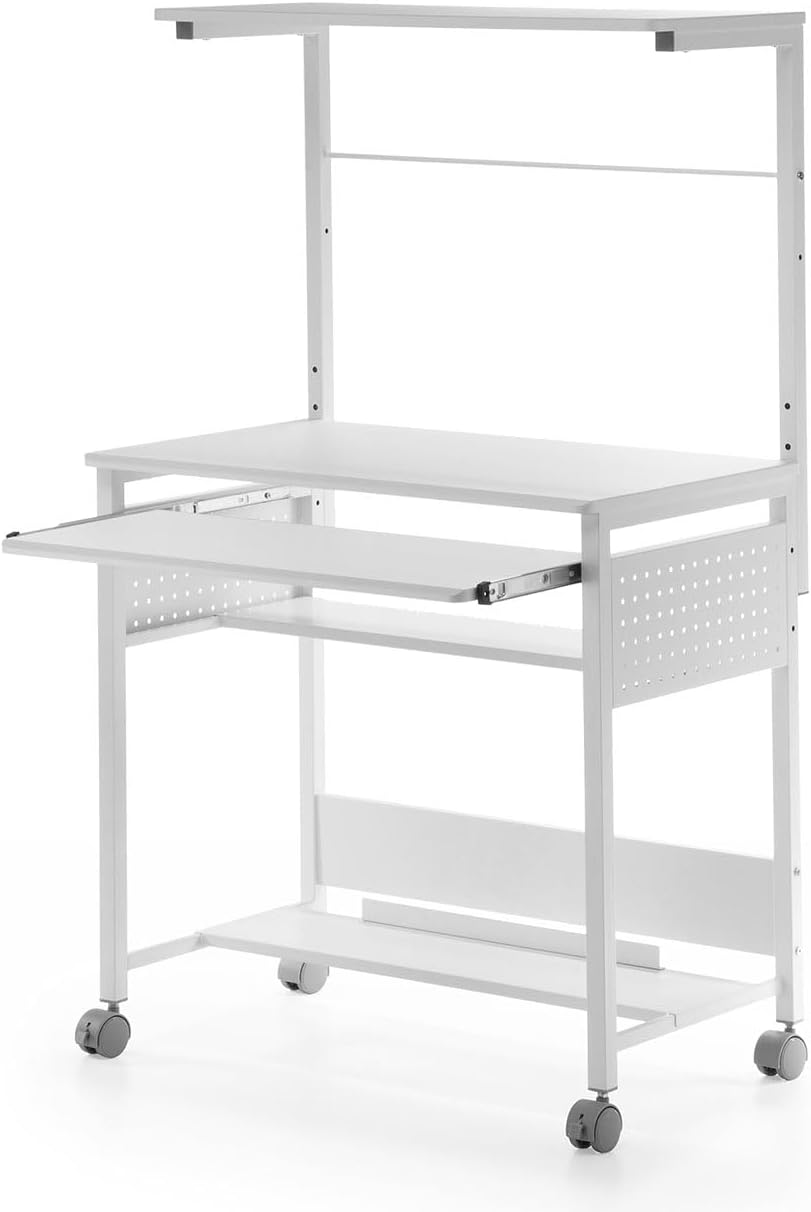 サンワダイレクト パソコンデスク 幅75cm 有孔ボード 収納棚/キーボードスライダー キャスター付き モニターアーム取付対応 ホワイト 100-DESKH035W