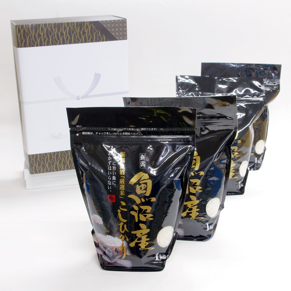 お米 4kg 贈答 白米 魚沼産コシヒカリ 精米 (1kgX4袋) / のし 弔事 結び切り / 法事のお返し