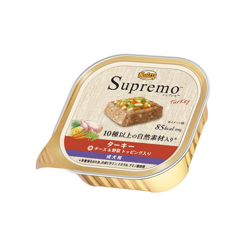 シュプレモ ウェット パテタイプ 成犬用 全犬種用 100g×24個 ターキー チーズ&amp野菜 トッピング入り トレイ 缶詰 総合栄養食 ドッグフード 犬 まとめ買い 厳選自然素材