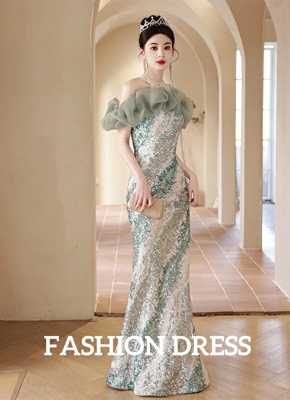 凄く人気がある レディースドレス ウェディングドレス フランス風 着痩せ グリーン 高級感 上品 きれいめ お呼ばれ 結婚式 オフショルダー 上品 きれいめ スパンコール 着痩せ ロングドレス フィッ