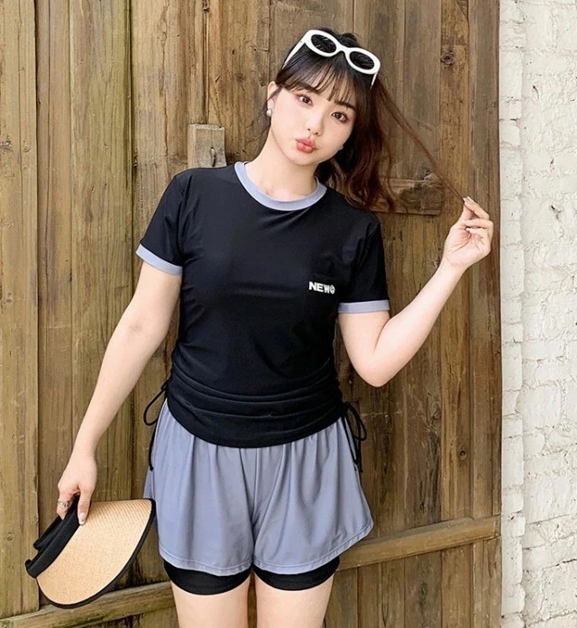 フィットネス 水着 レディース 体型カバー タンキニ 大きいサイズ 3L 4L 5L 6L セパレート ラッシュガード Tシャツ 半袖 ショートパンツ ハイウエスト 2点セット 黒 ぽっち