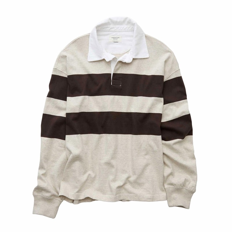 メンズ 長袖 ボクシー ラグビー ポロシャツ ラガーシャツ ブラウン オートミール