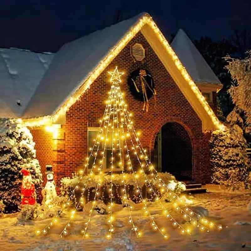 MoSpace イルミネーション ライトクリスマス LED 9本 350球 8モード ソーラー ライト 防水 屋外 ドレープライト 屋内 店舗 家庭 星モチーフ ツリー 飾り ストリップライトリモコン