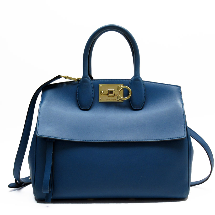 サルヴァトーレフェラガモ Salvatore Ferragamo ハンドバッグ ショルダーバッグ ガンチーニ レザー ブルー ゴールド レディース w0814a