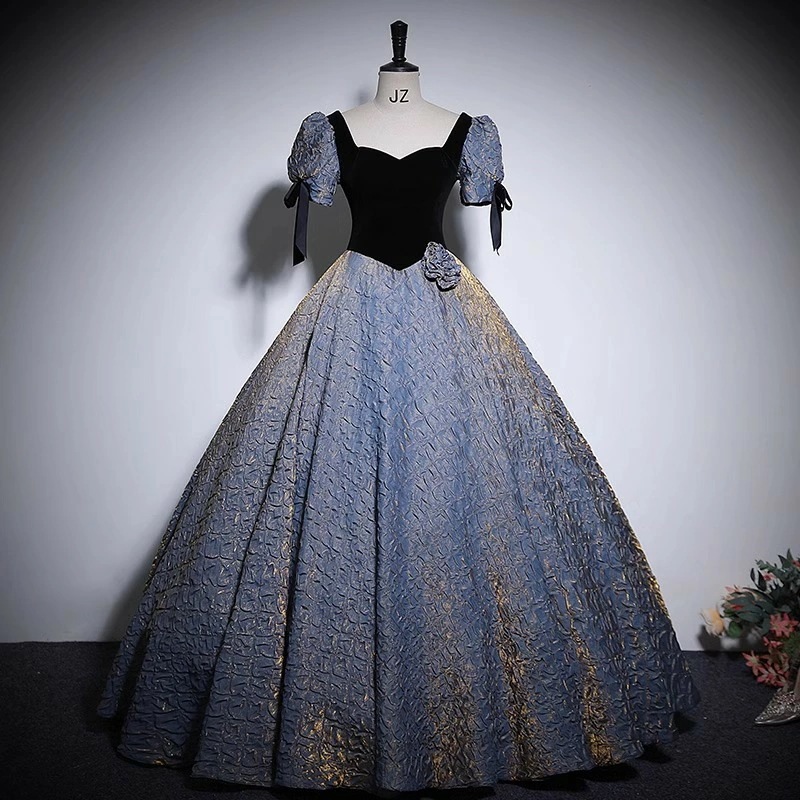 イブニングドレス ロングドレス 黒 ベロア ベルベット 演奏会ドレス 演出服 ブラック 発表会ドレス パフスリーブ ウエスト花柄 オシャレ 可愛い パーティードレス ロング Aライン XS S M L