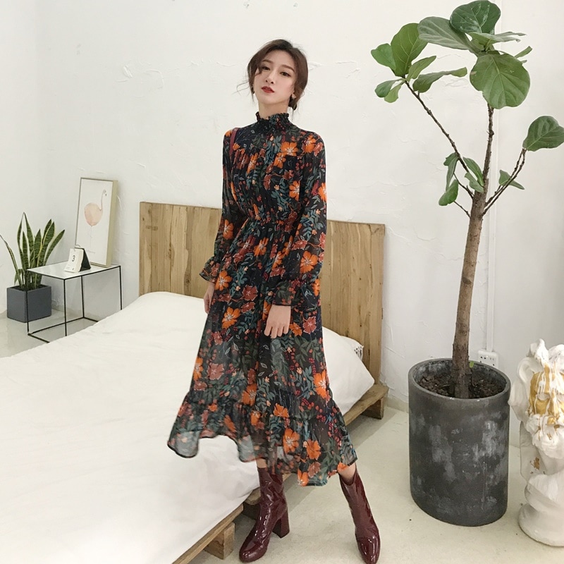 1910.フラワーフリルワンピース（ブルー）2019 春夏 sale ドレス Aライン シフォン ハイネック 長袖 ロング ミモレ丈 エレガント お呼ばれ パーティー 女子会 レストラン デート