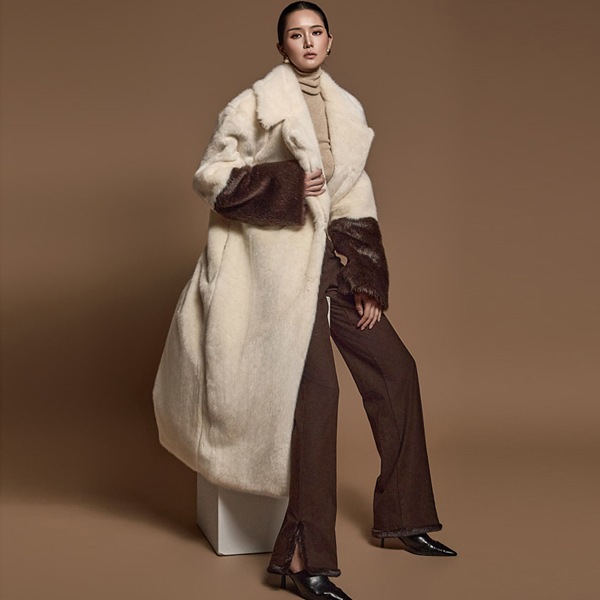 J9281 フェイク ファー 配色 コート