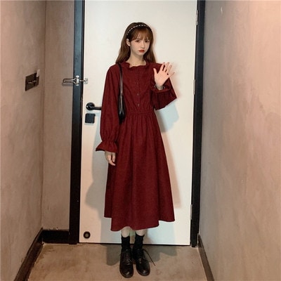 ワンピース フレア ミモレ丈 袖あり 長袖 襟付き Aライン シフォン フリーサイズ レッド ブルー ホワイト ブラウン 無地 秋 冬 デート お出かけ 食事会 レディース 女性用 10代 20代