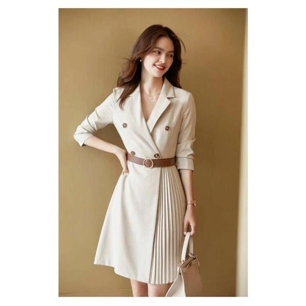 ワンピース ワンピ テーラード ワンピース レディース テーラードワンピース 膝丈 ワンピース ひざ丈 長袖 秋 冬 無地 プリーツ スカート Vネック Aライン aライ