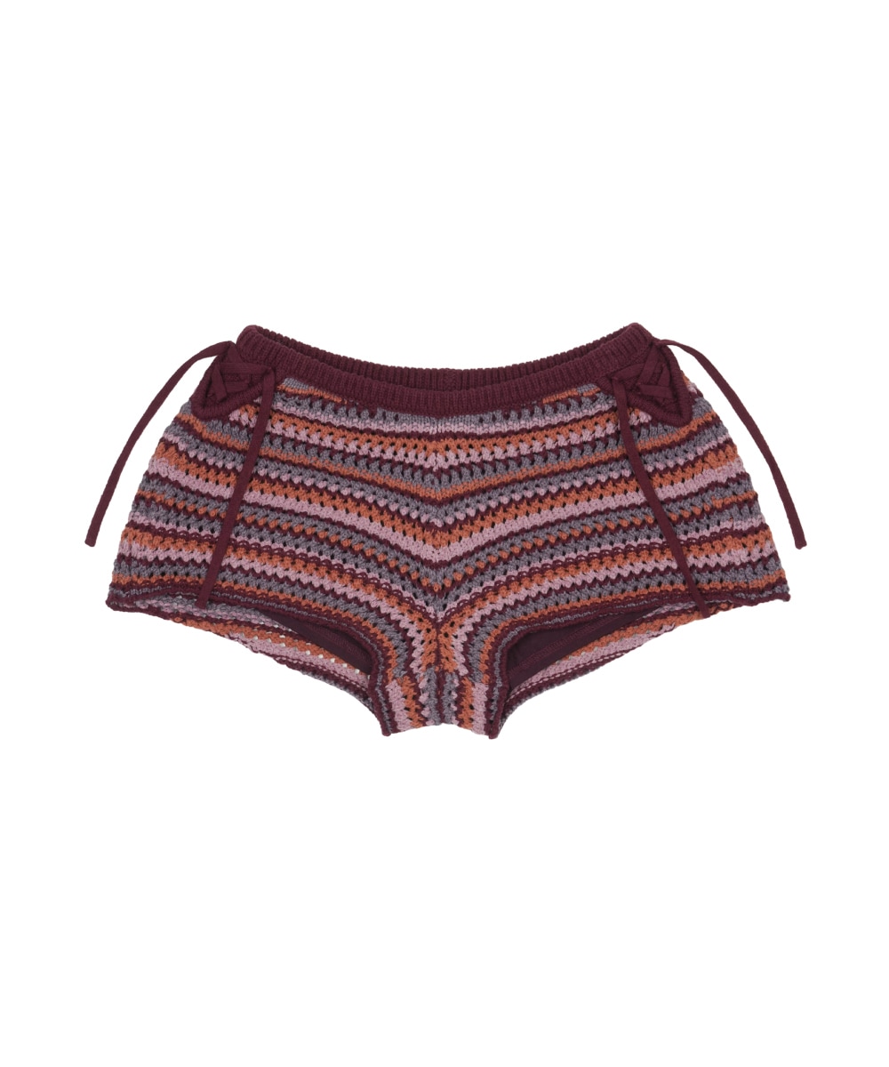 【COYSEIO】26SS STRIPED CROCHET KNIT SHORTS : WINE