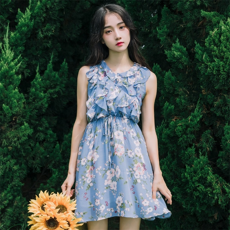 1193．花柄フリルミニワンピース（ブルー）