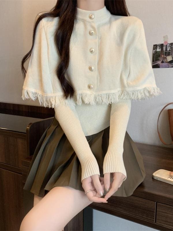 レディース トップス ニット オシャレ 韓国スタイル カワイイ カジュアル セーター カーディガン 長袖 ニット 秋 冬 インナー デザイン ルーズ ショート スタイル トップ ニット マント 2点
