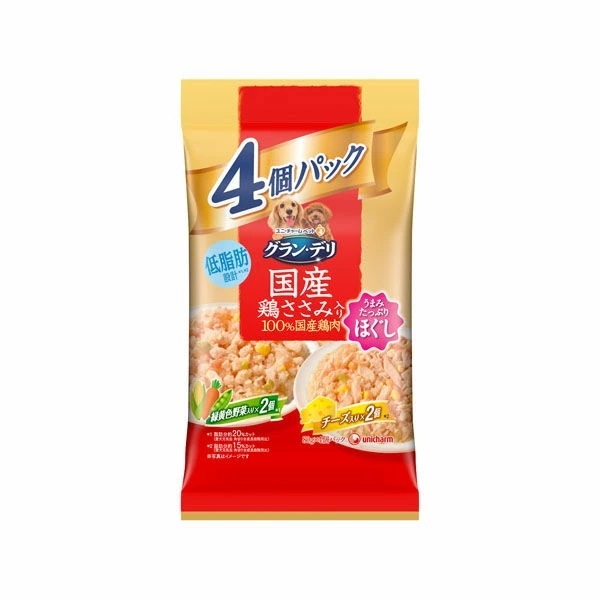 【16個セット】 ユニ・チャーム グランデリ 国産鶏 ささみ パウチ ほぐし 成犬用 緑黄色野菜チーズ 80g×4個 5,093円