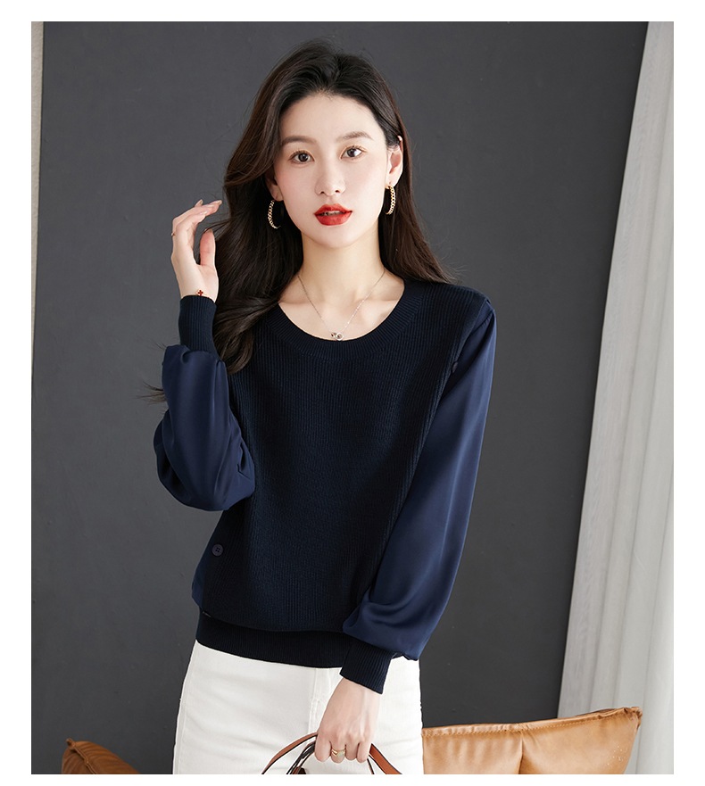 秋 ステッチ ニットシャツ女性 セクション ファッション ラウンドネック トップ グリーン ネイビー カーキ ブラック M L XL XXL トップス 袖あり かわいい 大人可愛い きれいめ シンプル