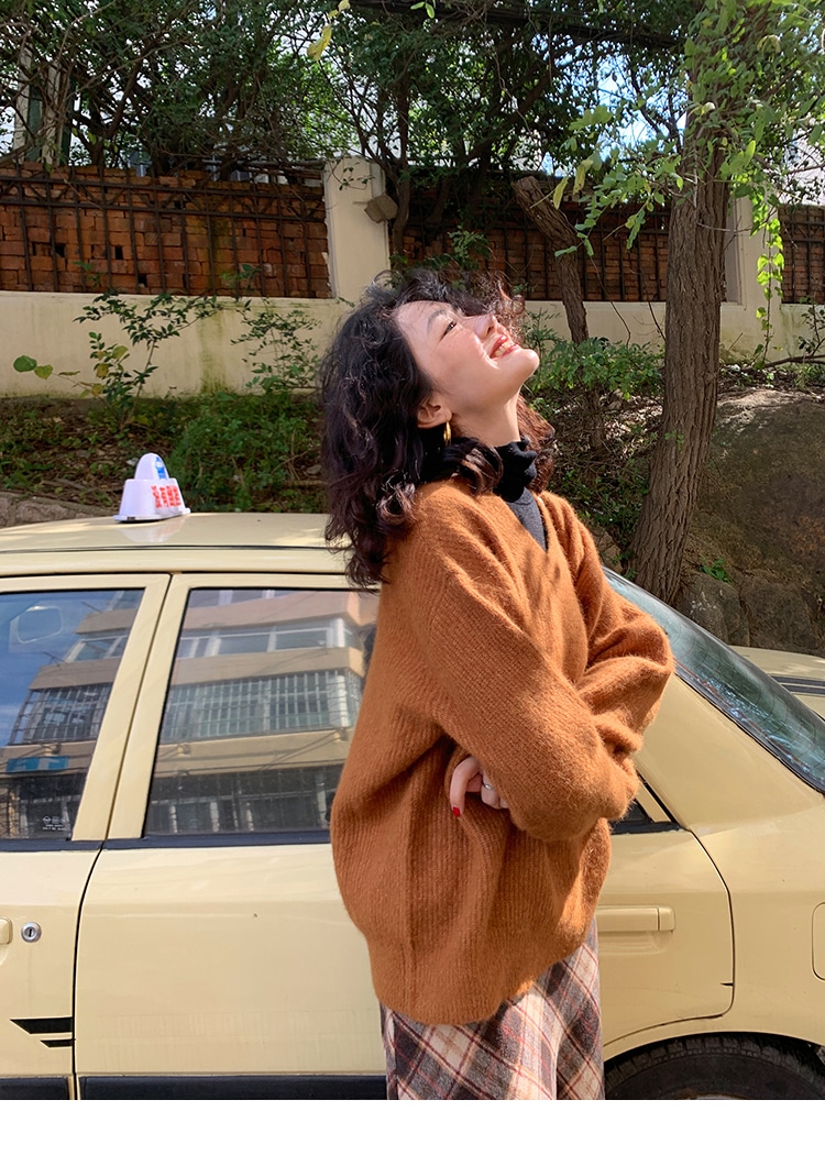 Vネック ウール プルオーバー セーター レディース 冬 インナー ニットセーター フレンチ レトロ ボトムス トップス ブラウン フリーサイズ トップス かわいい 大人可愛い きれいめ シンプル 13,494円