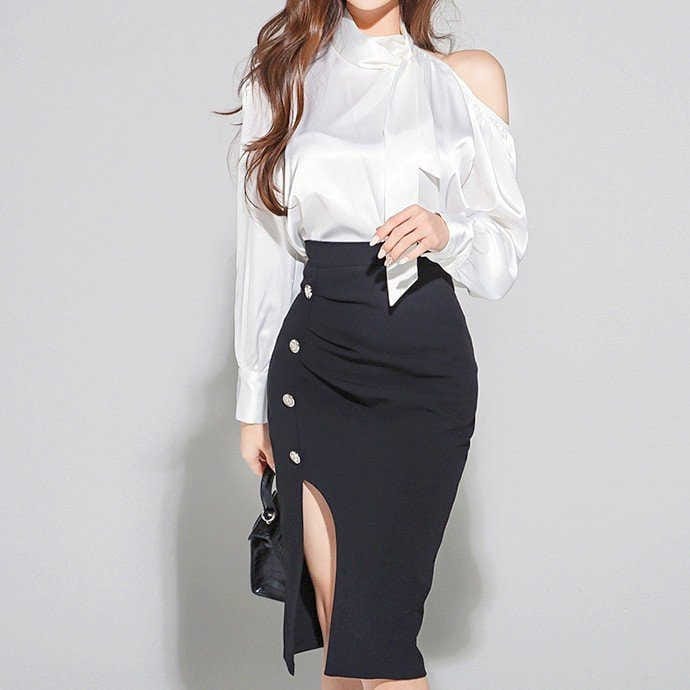 リボンネック ツーピース ブラウス 肩出し セットアップ 光沢 シャツ ツーピース アシンメトリー ハイウエスト タイトスカート ミドル丈