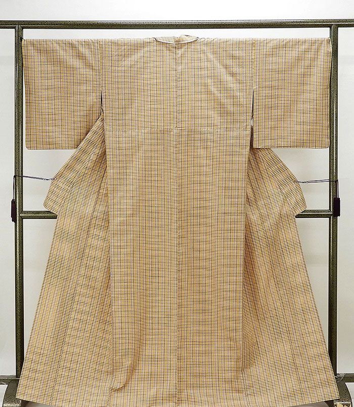 単衣 紬 新品仕立済 正絹 単衣 紅彩華 格子模様 身丈165cm 裄丈68cm 紬 新品 仕立て上