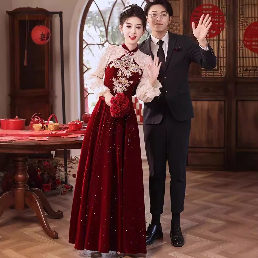 新中式改良チャイナドレス敬酒服2025花嫁の結婚気質ロングレッドの結婚服婚約ドレス