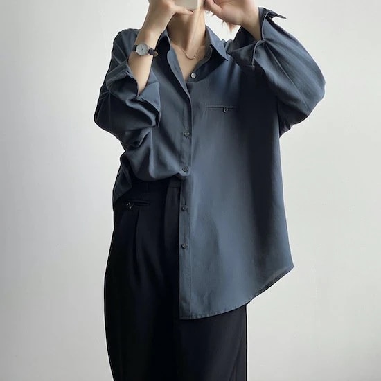 シャツ ブラウス トップス レディース 長袖 秋冬 大きいサイズ 体型カバー ゆったり 無地 オフィス 通勤 前開き フロントボタン 襟 シンプル
