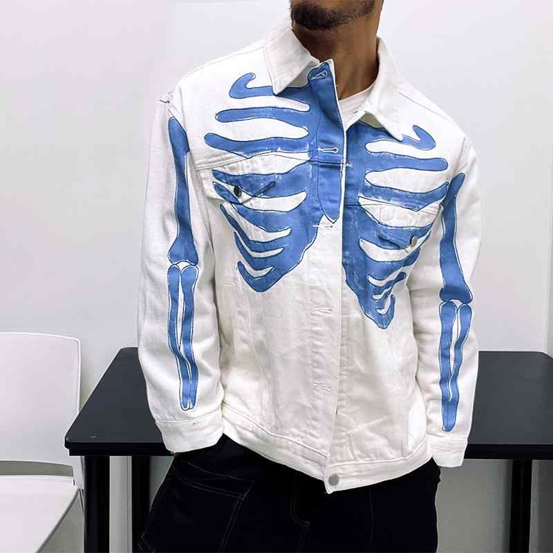 メンズ トレンド 感 シルエット ホワイトデニム パンク スカル 細かい 刺繍 ジャケット 春秋 トレンド オフショルダー トレンド ジャケット