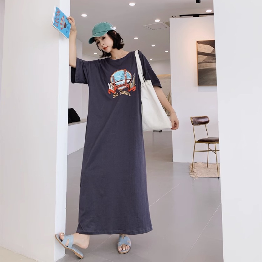 ワンピース Tシャツ ロング ロング丈 半袖 ドロップショルダー ラウンドネック ストレート ワイド かわいい 大人可愛い シンプル カジュアル おしゃれ お洒落 かっこいい レトロ 大人女子