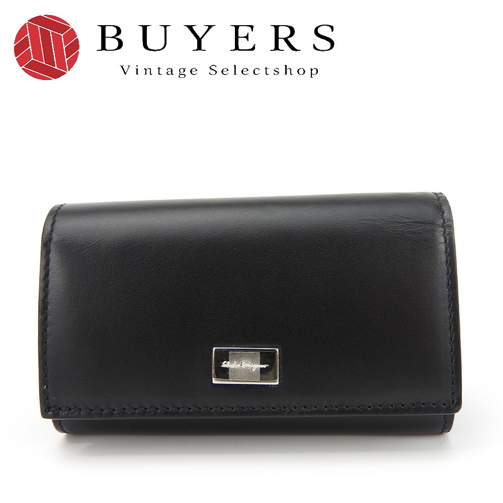 中古 キーケース AQ-66 3018 レザー ブラック ブラウン シルバー金具 6連 キーリング 札入れ レディース 女性