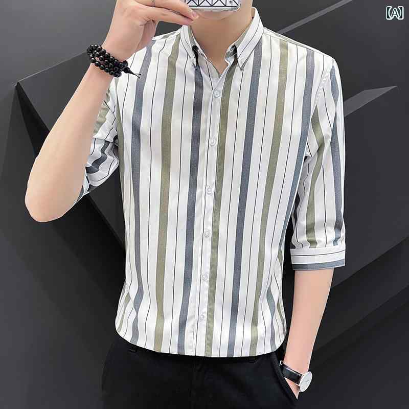 シャツ トップス メンズ カジュアル スタイリッシュ 夏 七分袖 ストライプ ビジネス スリム IT 男性用 ミッドスリーブ 大きめサイズ 薄手