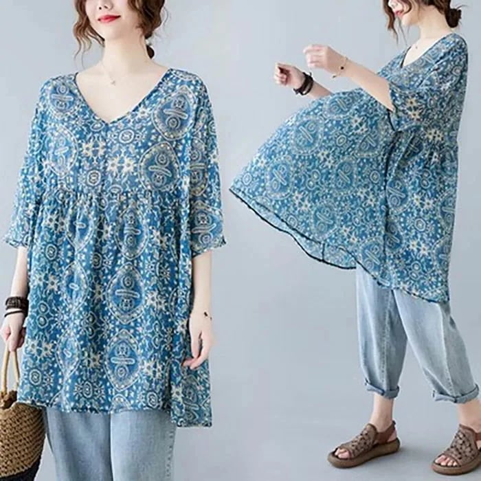 【20点セット】無料チュニック 半袖 チュニックワンピース 夏 チュニックブラウス 七分袖 総柄 レディース 大人可愛い プルオーバー vネック 綿麻風チュニックワンピース 森ガール キレイめ 大きい